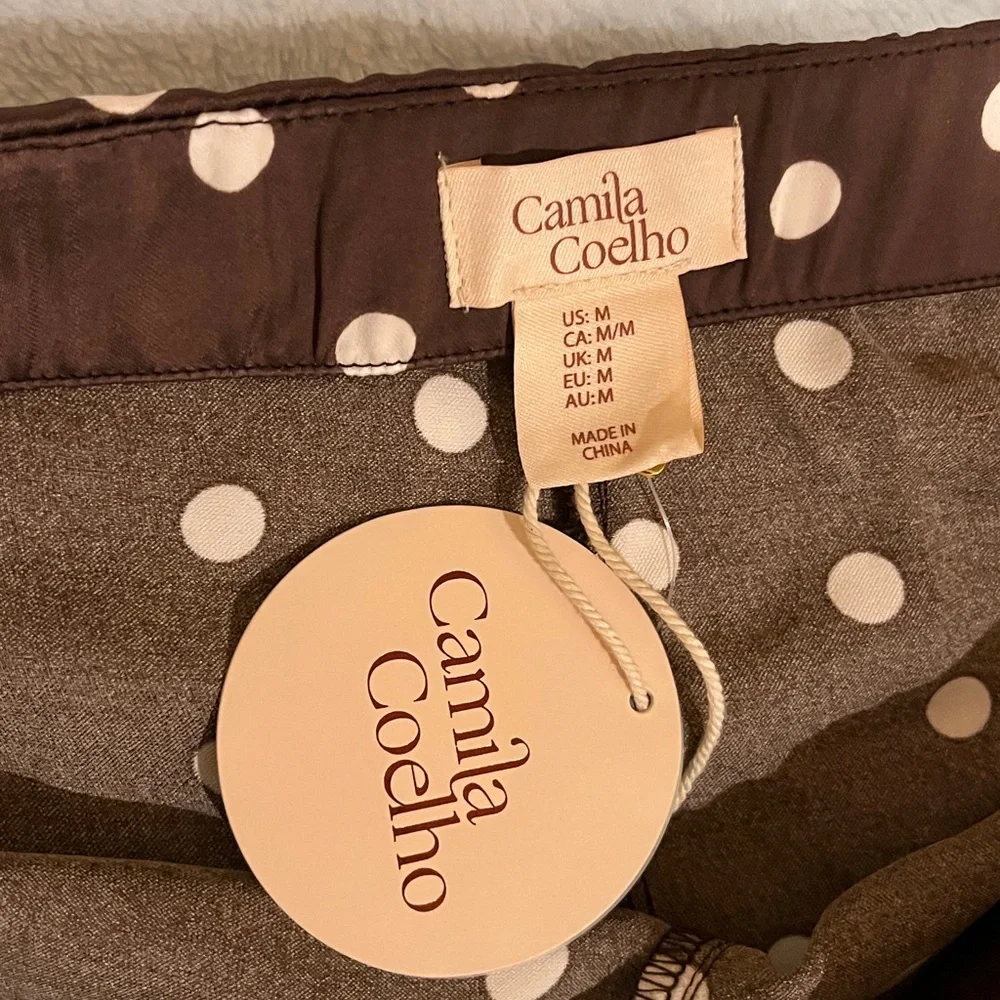 Camila Coelho wide leg polka dot satin pants. Stretchy waist. Brown white M. NWT - Picture 10 of 12